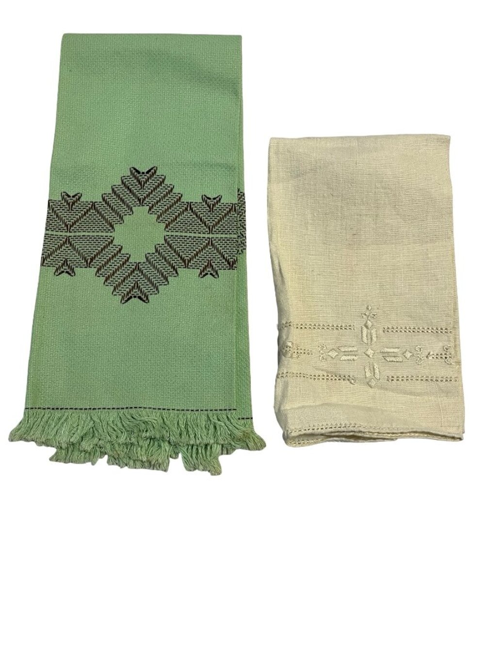 Vintage Embroidered Linen Towels Set Green Fringe & Cream Guest Towels Handmade